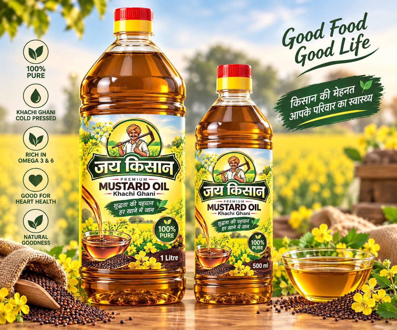 Jai Kisan Mustard Oil bottles, 1 litre and 500ml, with mustard seeds
